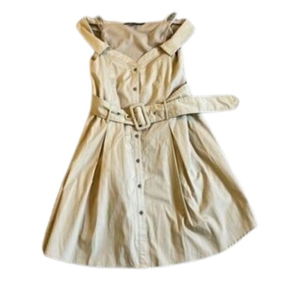 Walter Baker Dress Size 10 Beige 100% cotton Off The Shoulder Belted Midi Lined - Picture 4 of 9